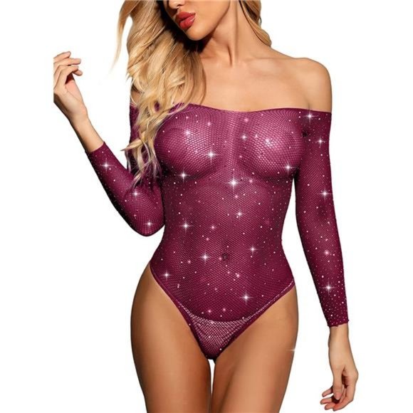 Intimates Sleepwear Rslove Women Lingerie Fishnet Bodysuit Sparkle Rhinestone Sexy Mesh